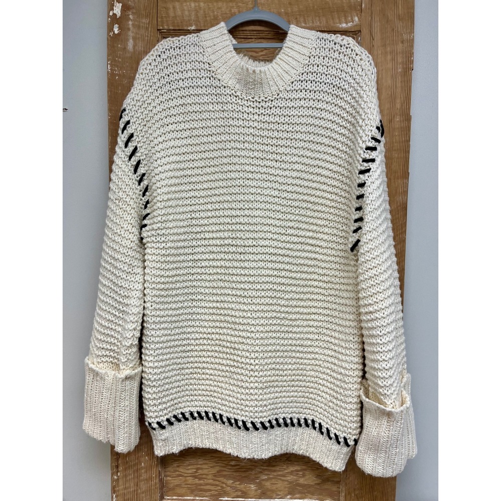 Topshop Chunky Knit Sweater M Ivory Whipstitch Wool Blend Scandi Edgy Ski Cozy